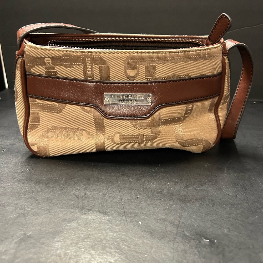 Etienne Aigner Tan and Brown Canvas Leather Crossbody
